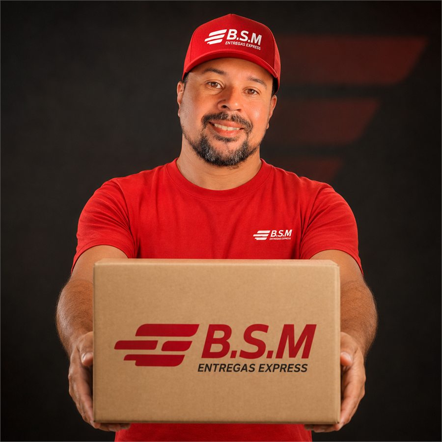 Entregador da BSM segurando caixa para entrega expressa